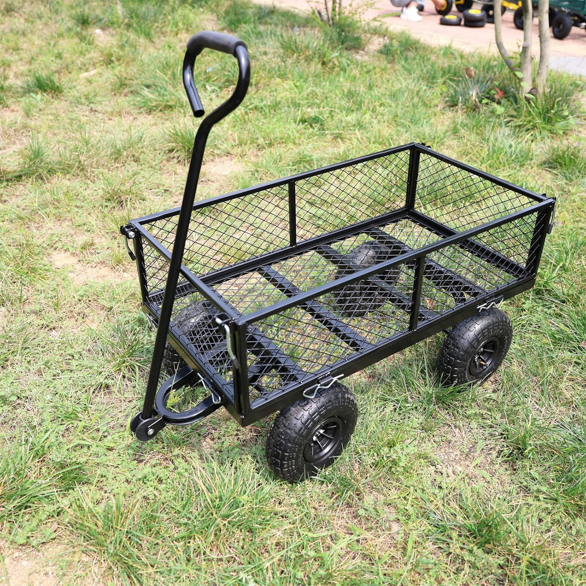 Wagon With Removable Sides for Farms, Warehouses - Garden Dump Cart With Air Wheels (Black)