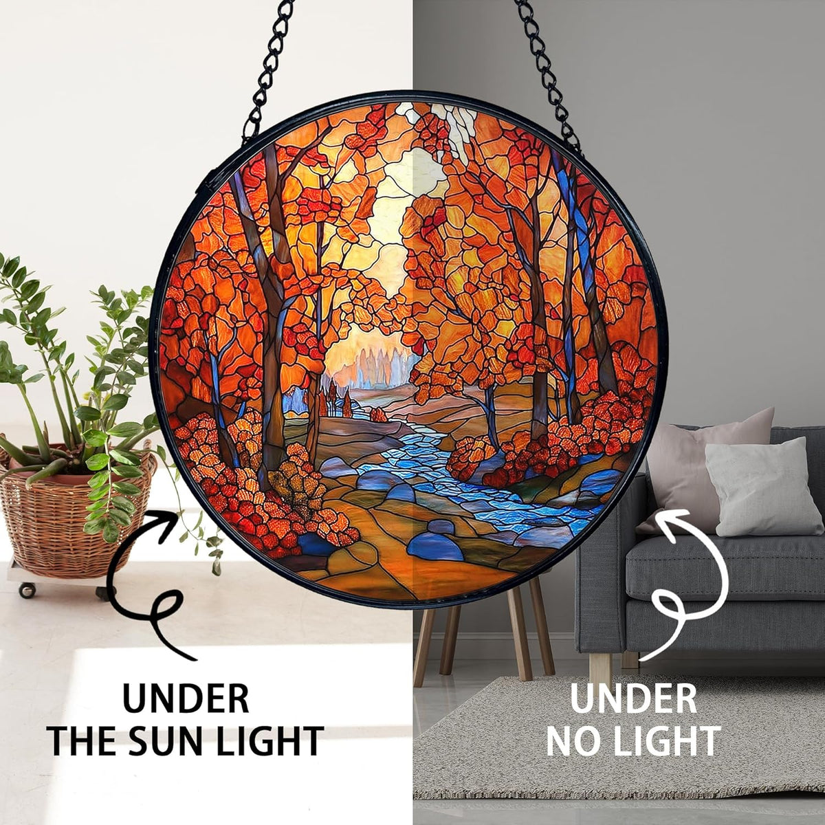 TNUW Fall Autumn Stained Glass Window Hanging, Rustic Autumn Forest Landscape Sun Catchers Indoor