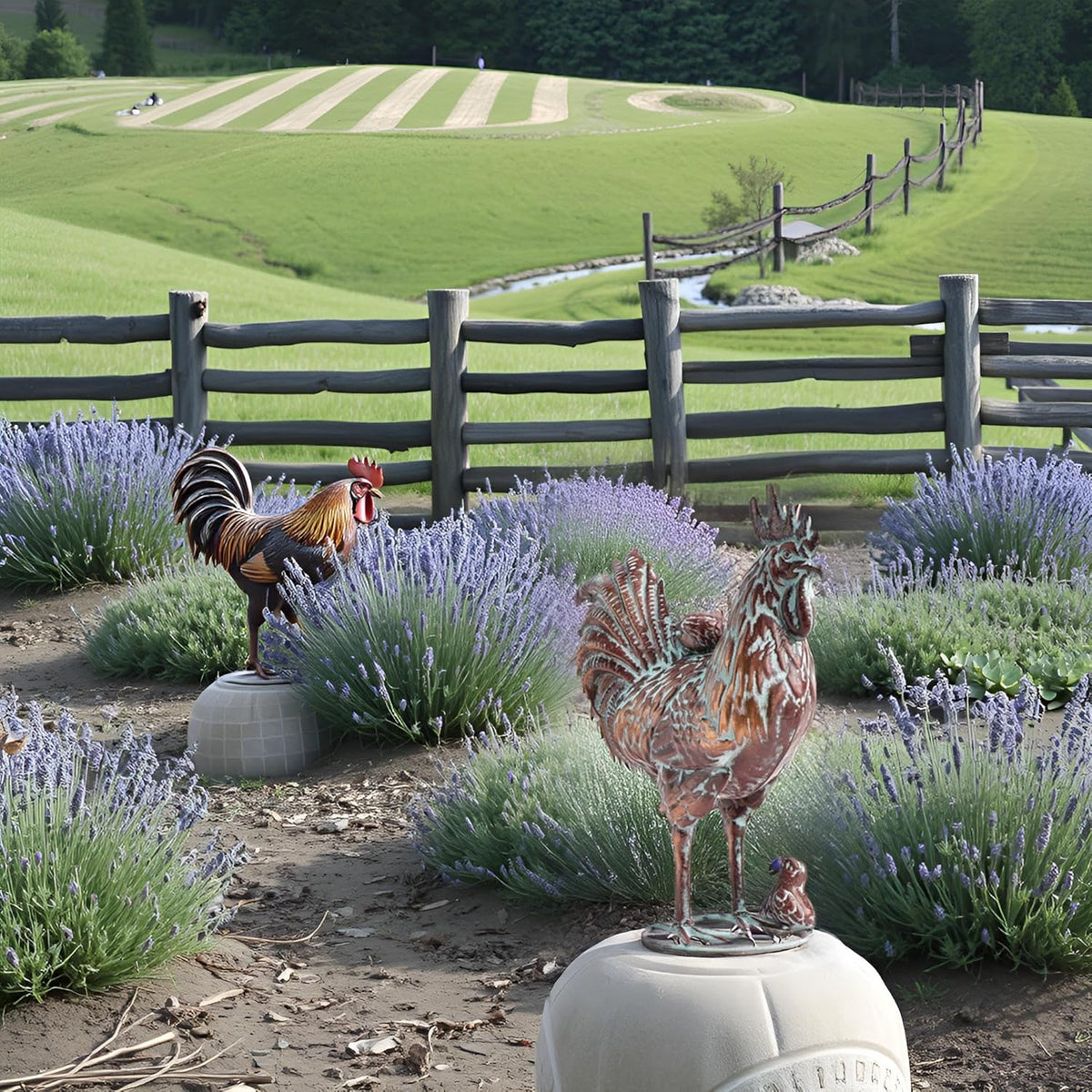 Metal Rooster w/ Chicks Statue Garden Yard Decor,15.7"L x 18.8"H Metal Chickens Yard Art, Vintage