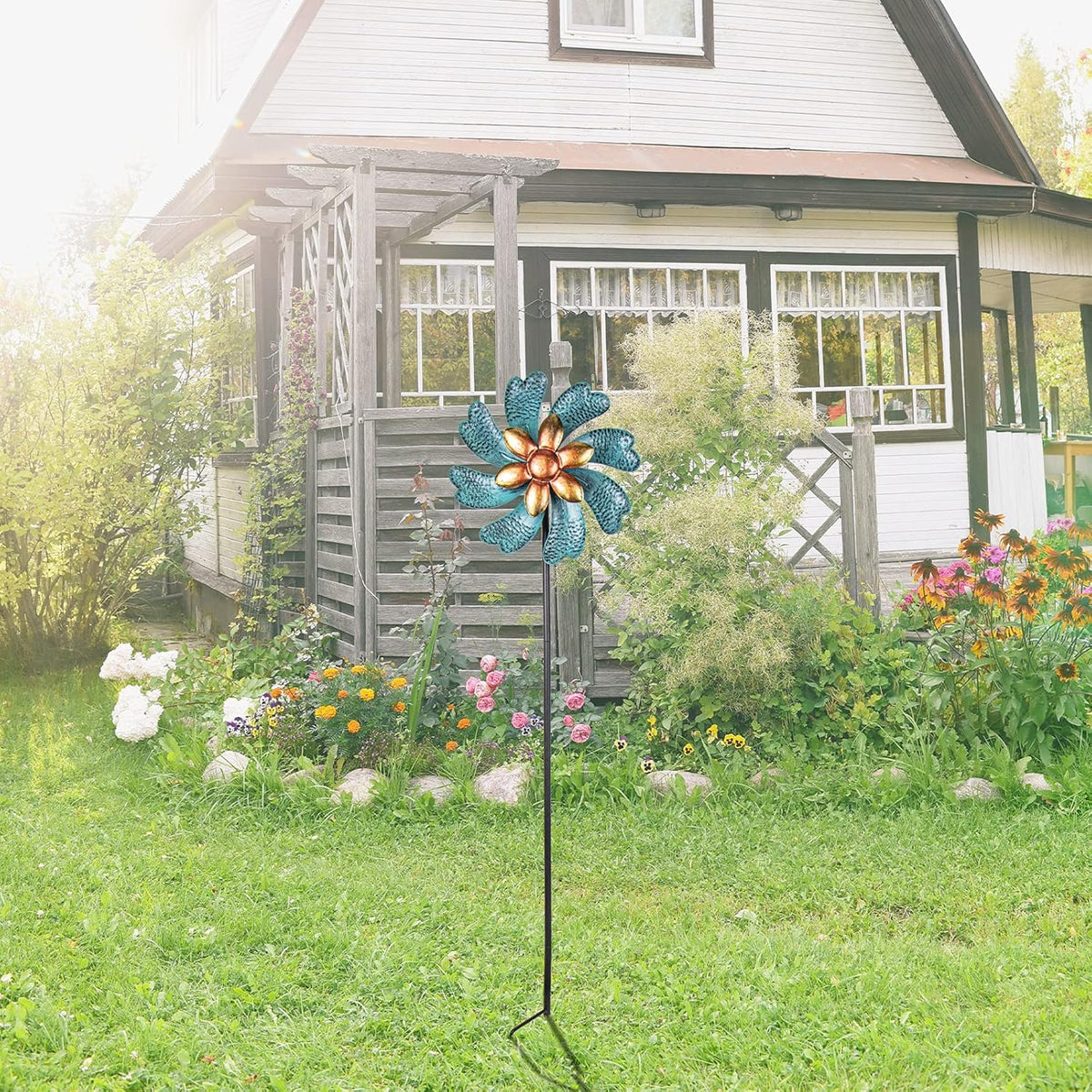 MUMTOP Wind Spinners 45.7 Inch Cyan Kinetic Sculpture Metal Windmill for Patio Lawn Outdoor Yard