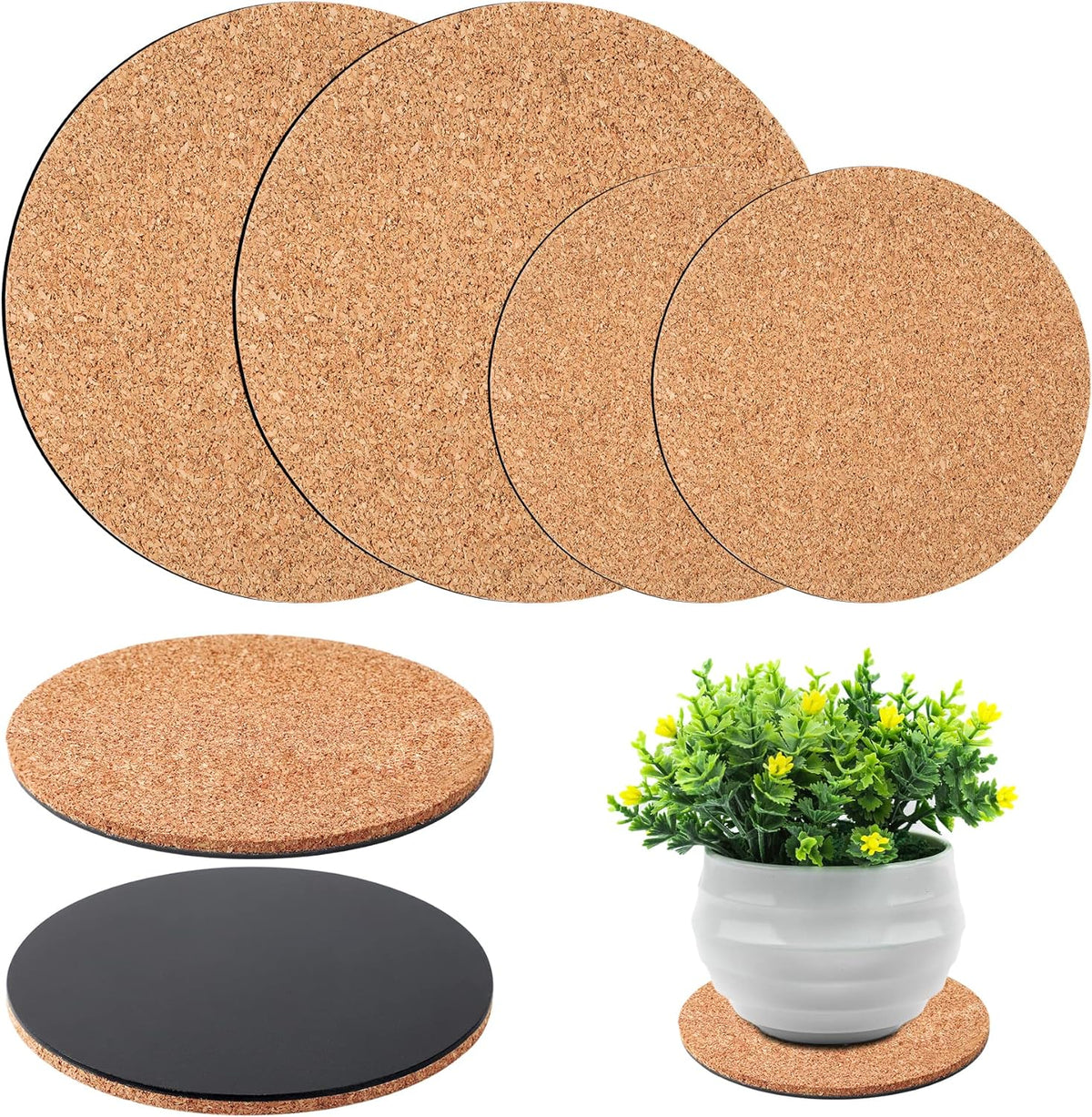 4 Pieces Cork Plant Mats Round Cork Plant Coasters for Garden Pots, DIY Craft Project (4 Inches,6