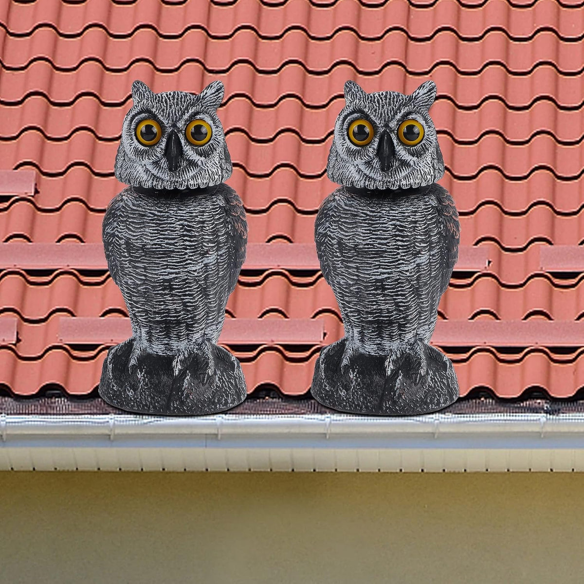 Hausse 2 Pack Bird Scarecrow Fake Owl Decoy Sculpture, Rotating Head Plastic Owl Bird Deterrents