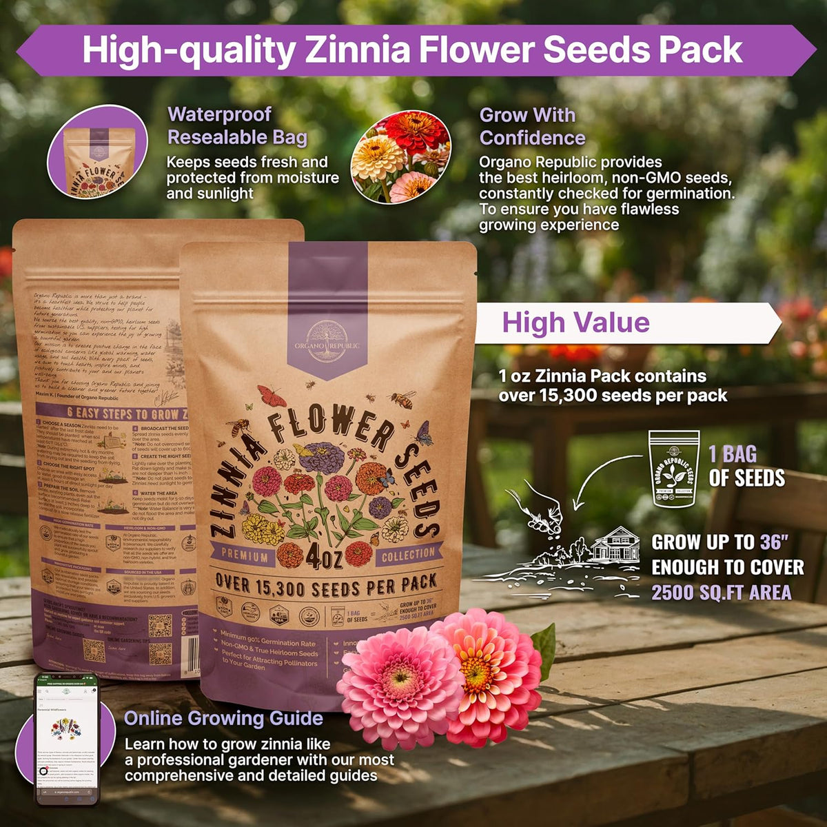 Zinnia Seeds Pack 4 oz - Over 15,300 Non-GMO Heirloom Zinnia Seeds for Planting, Annual Flowers in