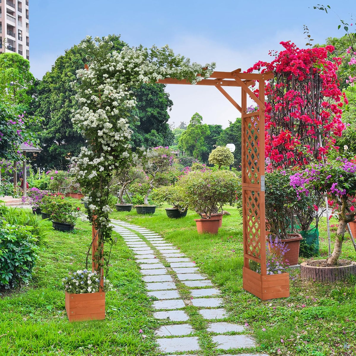 VINGLI Wooden Garden Arbor with Planter, Wedding Arch for Ceremony, Wood Garden Arbour Trellis for