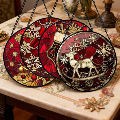 Stained Glass Window Hanging 4 Pcs Set Red Christmas Elk Snowflakes 7.8" - Deer Suncatcher Door