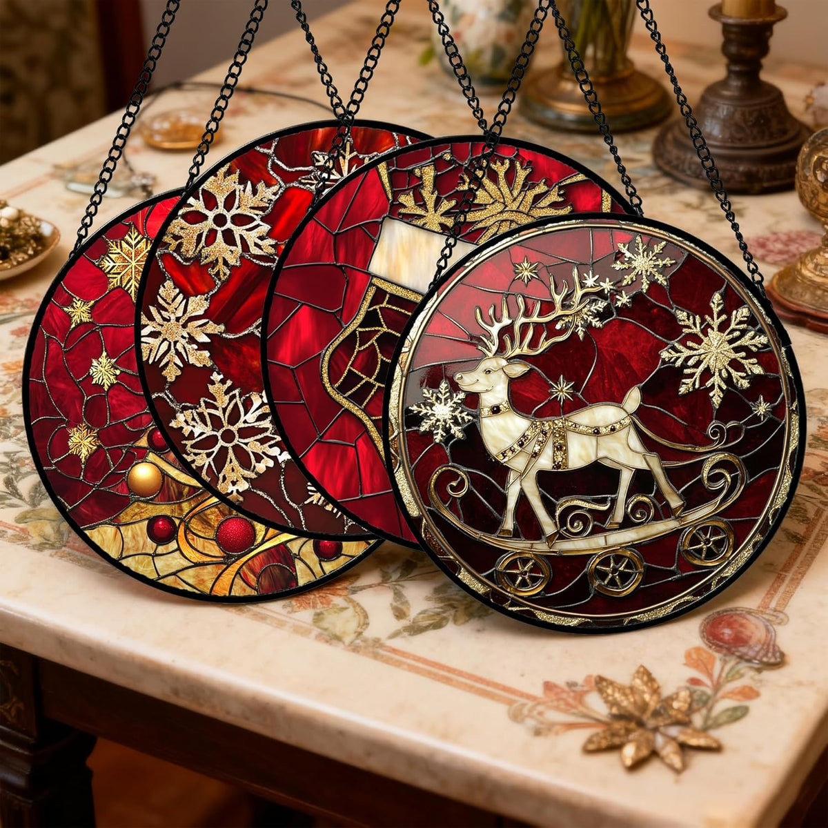Stained Glass Window Hanging 4 Pcs Set Red Christmas Elk Snowflakes Large 15" - Deer Suncatcher
