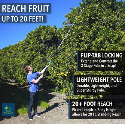 EVERSPROUT 4.5-to-12ft Durable Fruit Picker with 20+ Foot Reach – Telescoping Fruit Picker Pole