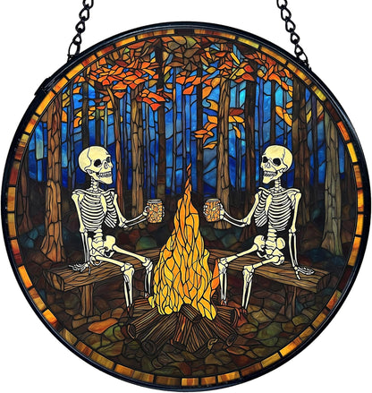 TNUW Halloween Fall Skeleton Stained Glass Window Hanging, Gothic Skeleton Autumn SunCatchers