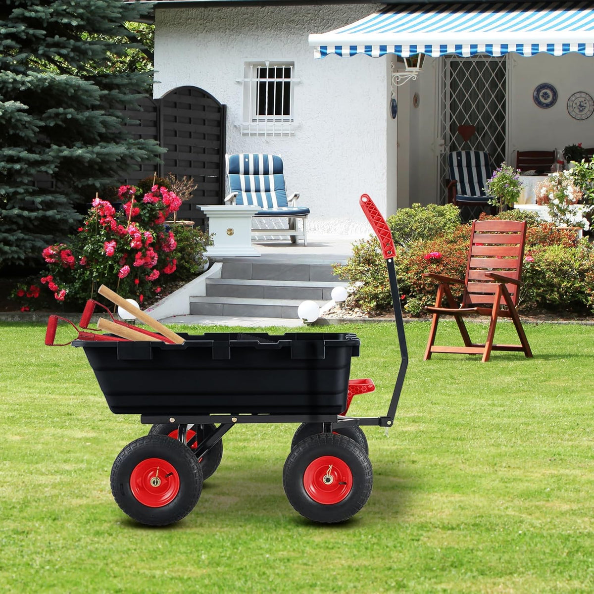 Garden Dump Cart,Heavy Duty 900lbs Poly Wheelbarrow with 10-Inch Tires,180° Rotating Handle,Steel