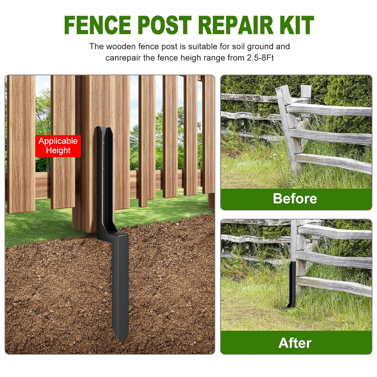 One-Piece Fence Post Repair Kit，Heavy Duty Steel Fence Post Anchor Ground Spike ，Quick Fix