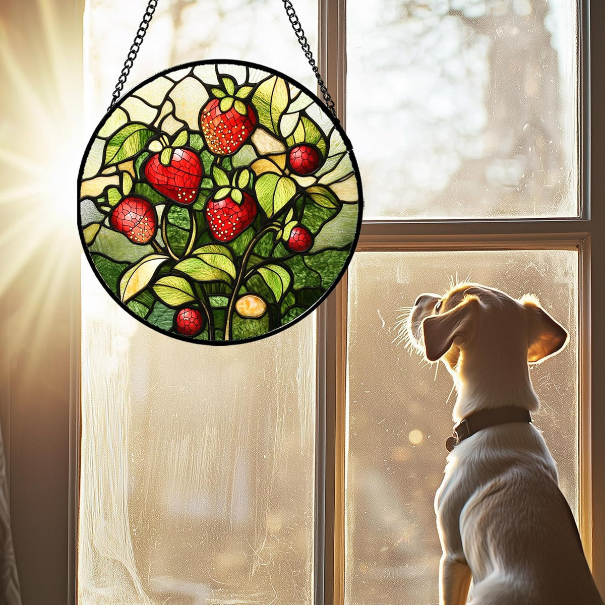 Stained Glass Window Hanging - Red Strawberry Suncatcher for Doors Window Home Green Plant Sun