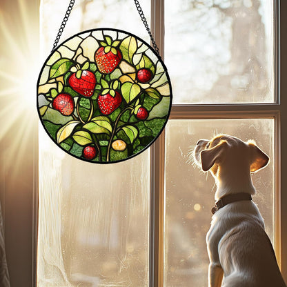 Stained Glass Window Hanging - Red Strawberry Suncatcher for Doors Window Home Green Plant Sun