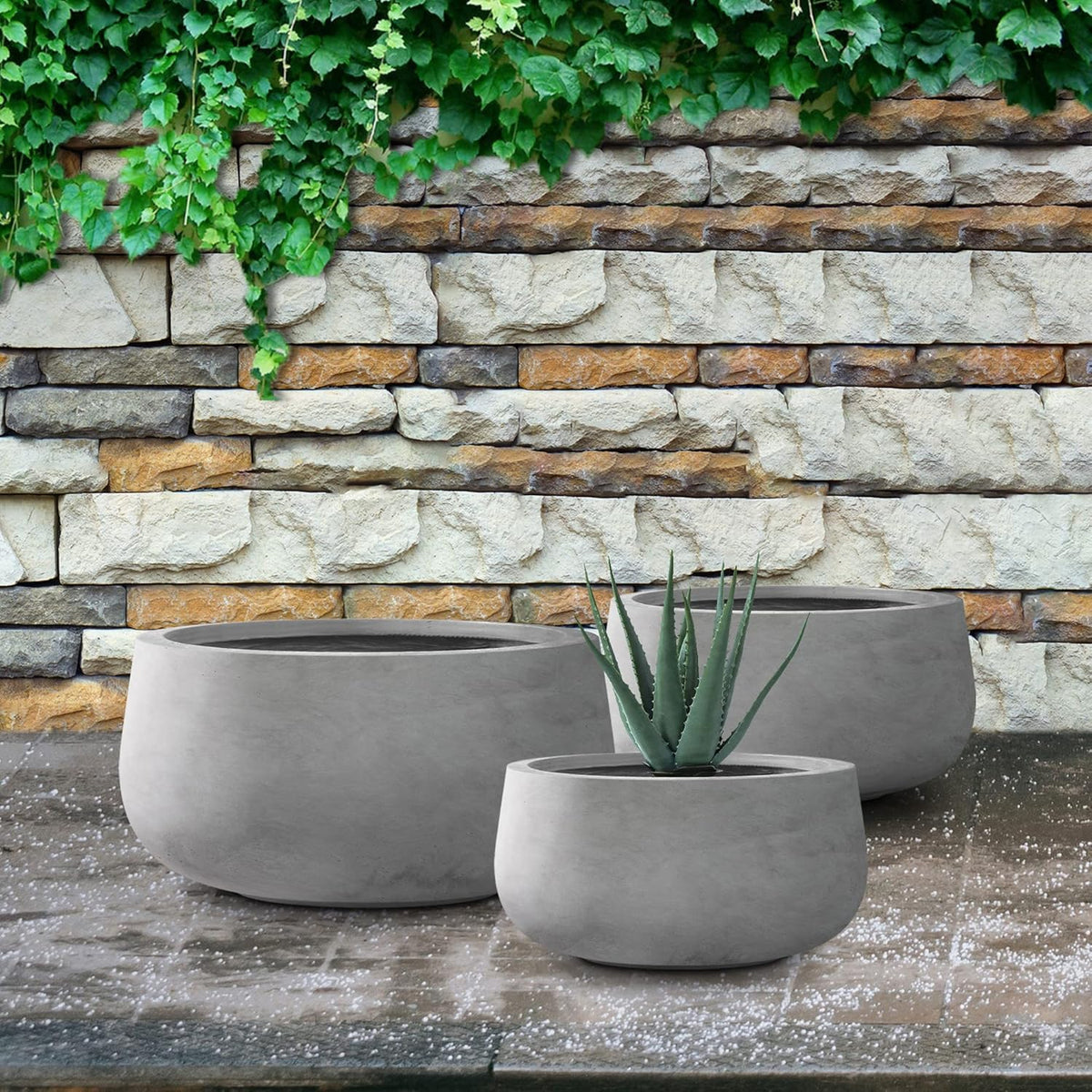 Kante 19.6",15.7",11.8" Dia Round Concrete Planters Set of 3, Outdoor Indoor Garden Plant Pots with