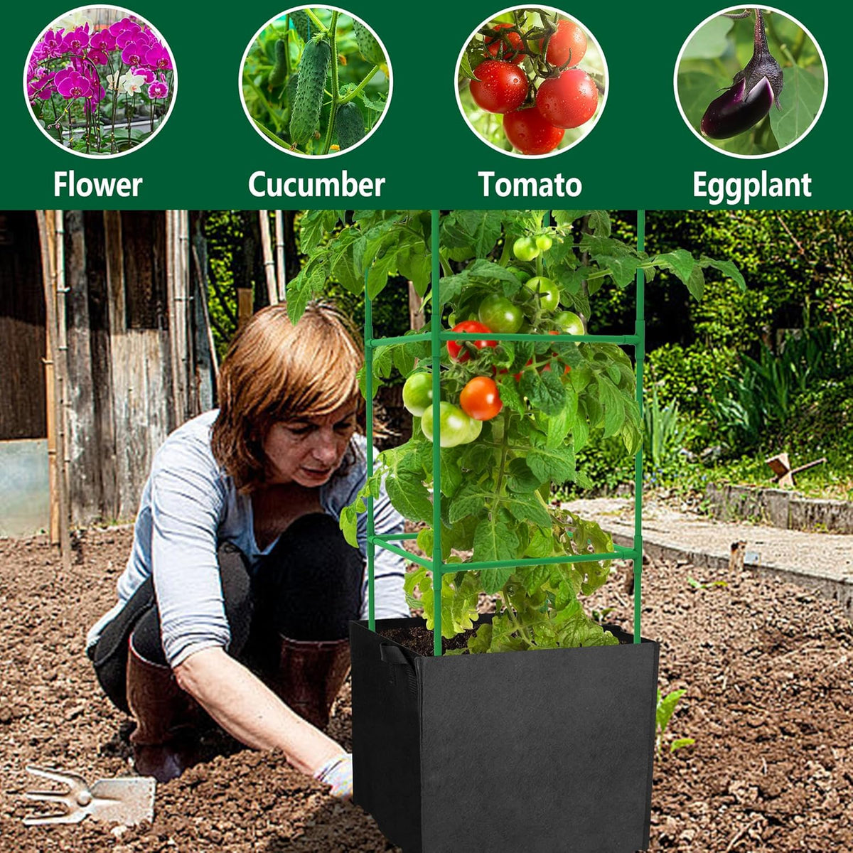 3 Packs 47 x 16 x 16 Inch Garden Tomato Cages with 17.7 Gallon Grow Bags- Square Plant Support