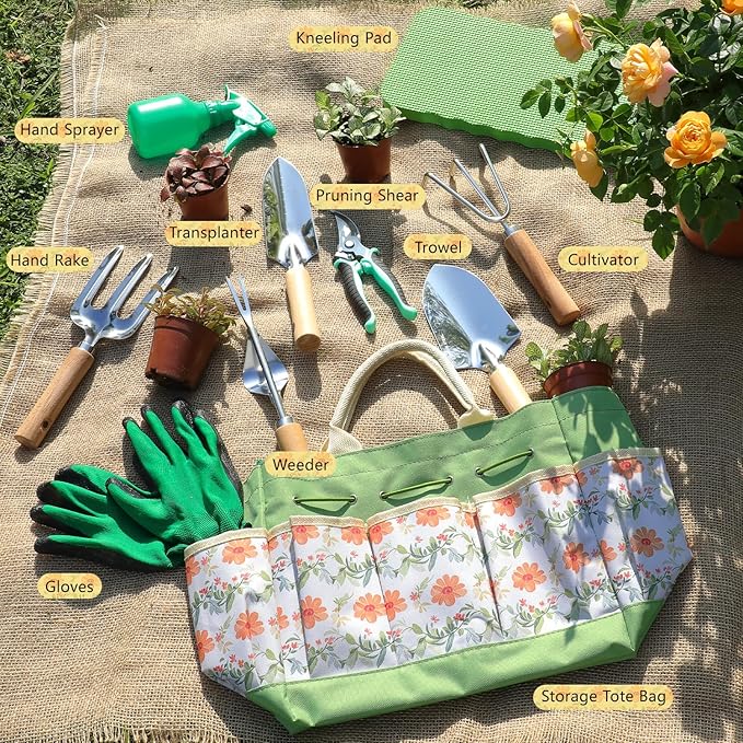 LeMotech Gardening Tools, 10-Piece Heavy Duty Garden Hand Tools Set with Wooden Handle, Durable