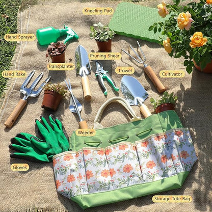 LeMotech Gardening Tools, 10-Piece Heavy Duty Garden Hand Tools Set with Wooden Handle, Durable