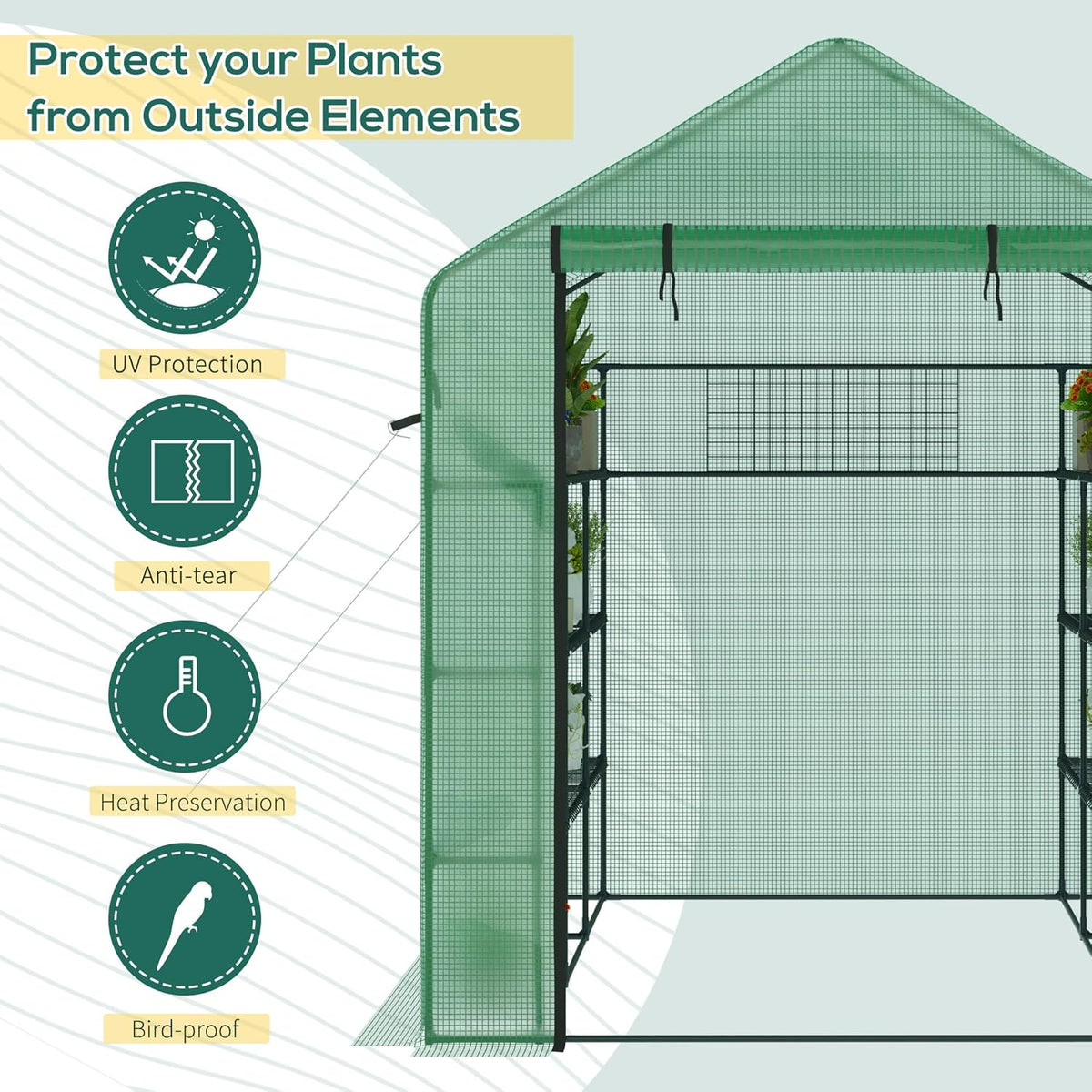 Outsunny 8' x 6' x 7' Walk-in Greenhouse with Mesh Door and Windows, 18 Shelf Green House with