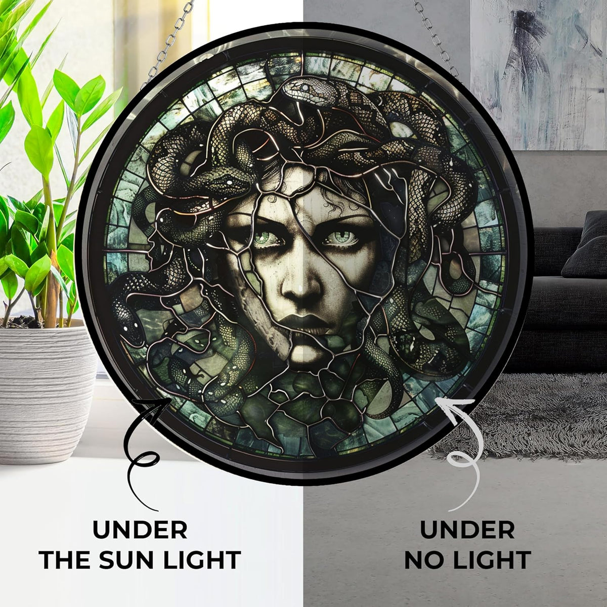 Medusa Stained Glass Window Hanging Window Suncatcher 12" Glass Panel with Metal Chain and Hooks