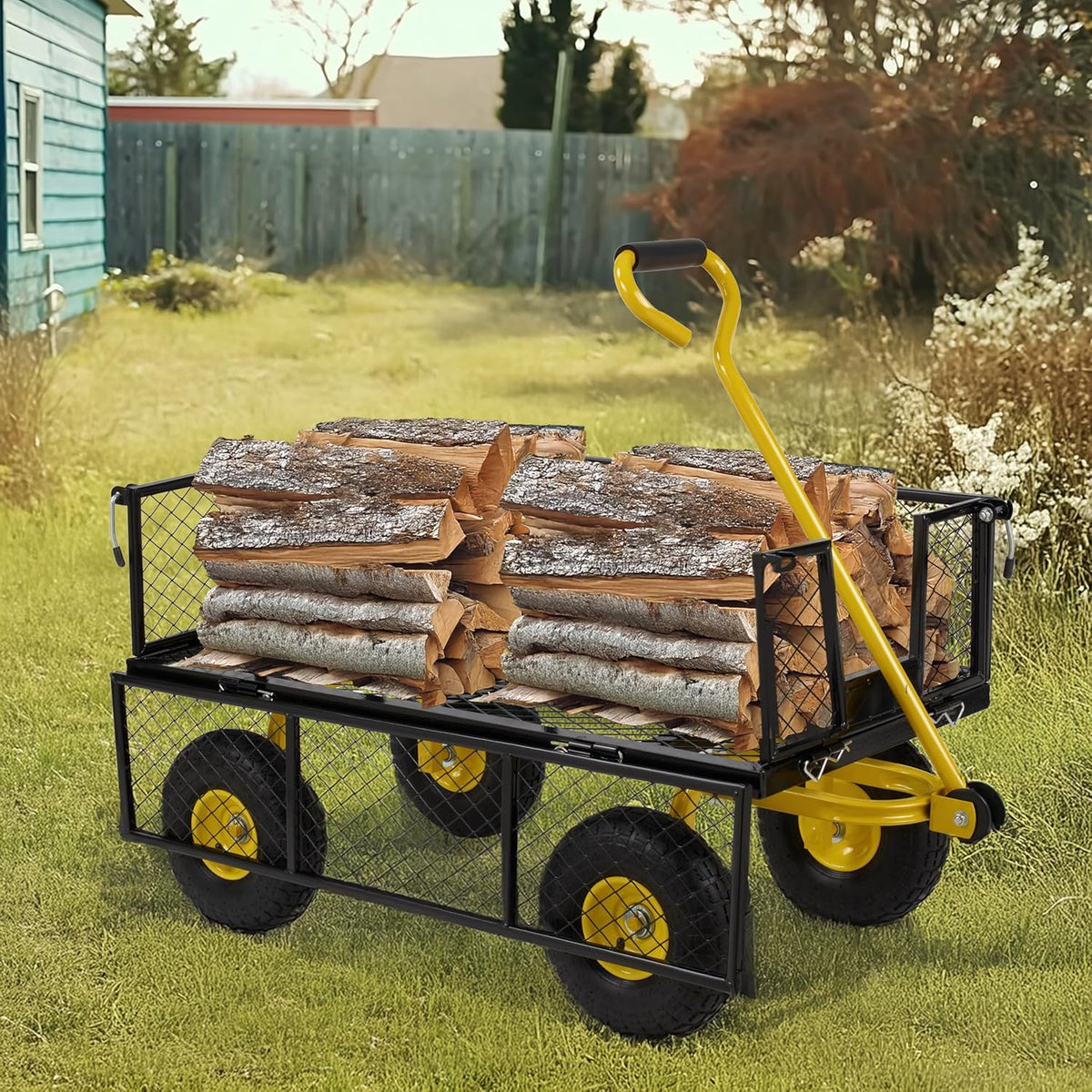 Finnhomy Heavy Duty 1000 Lbs Capacity Mesh Steel Garden Cart, Pullable Garden Wagons Carts on