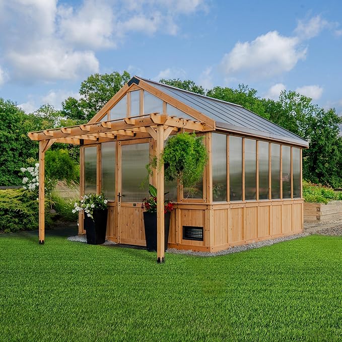 Backyard Discovery Bellerose XL 13' x 11' Cedar Wood and Polycarbonate Walk-in Greenhouse Kit with