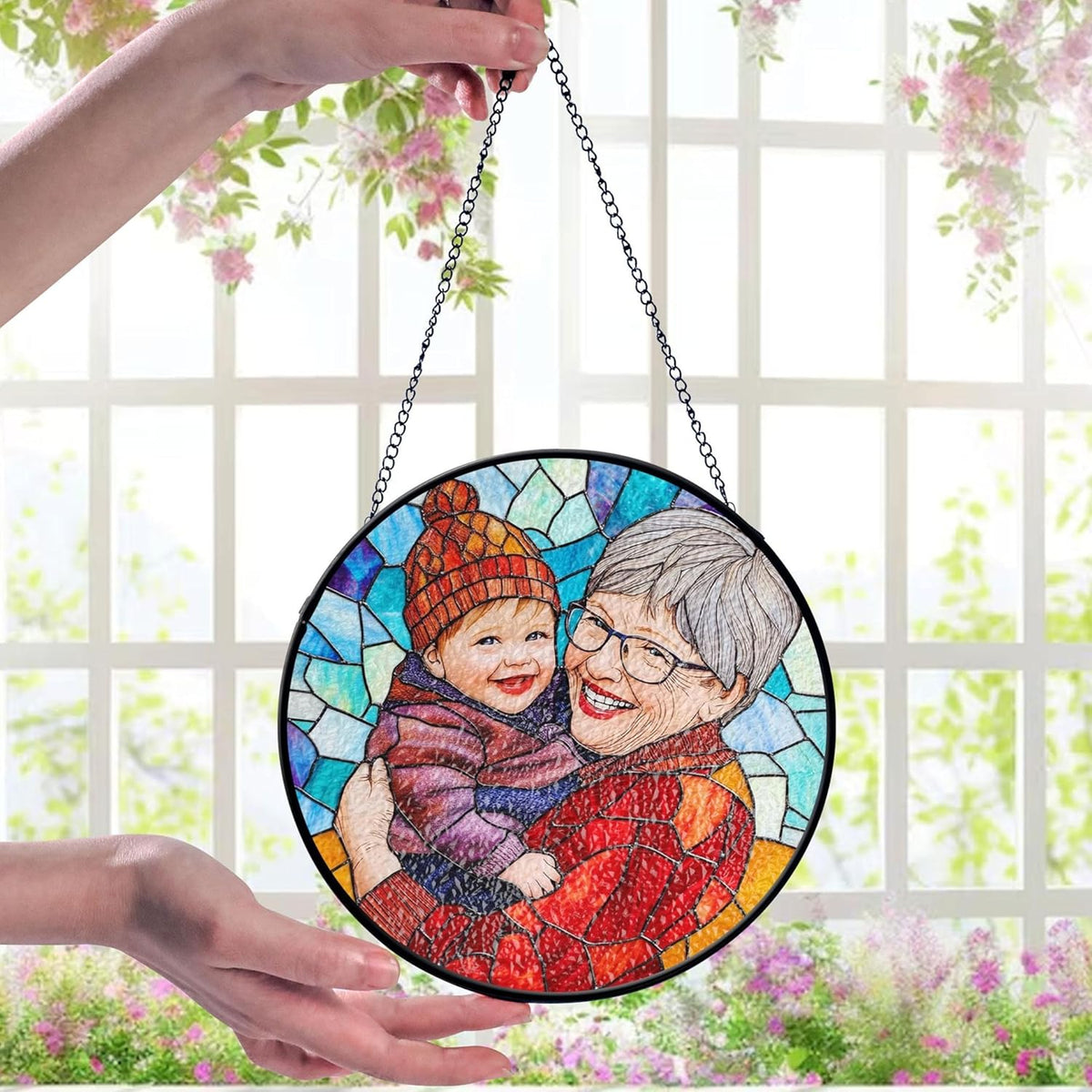 LOVELYPOD Custom Grandma and Grandkids Faux Stained Glass Sun Catcher, Personalized Family Portrait