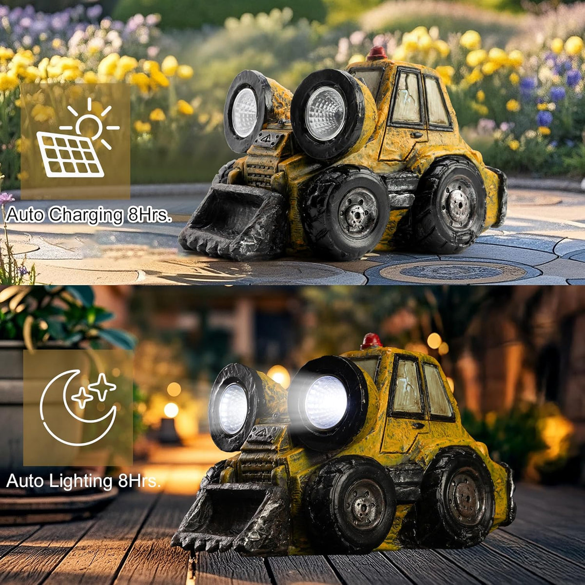 Garden Statue Outdoor Solar Light Decor with LED Light Rustic Vintage Bulldozer Construction