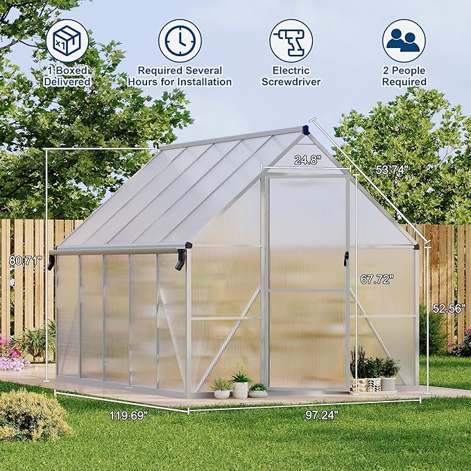 8'X10' Aluminum-Framed Polycarbonate Greenhouse, Heavy Duty Polycarbonate Greenhouse with Quick