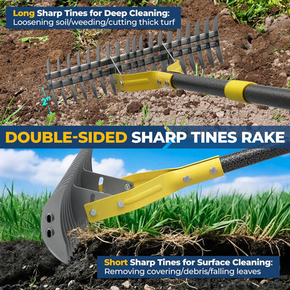 Rake, 70" Heavy Duty Metal Dethatcher Rake with 15" Wide Double-Edged Sharp Tines Thatch Rakes for