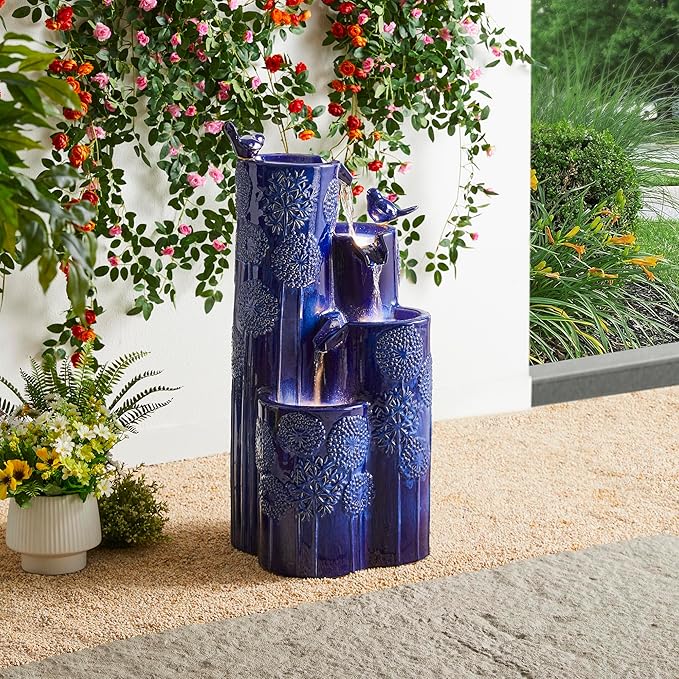 Glitzhome 32" H Outdoor Water Fountain with LED Lights and Pump, 4 Tier Ceramic Cobalt Blue