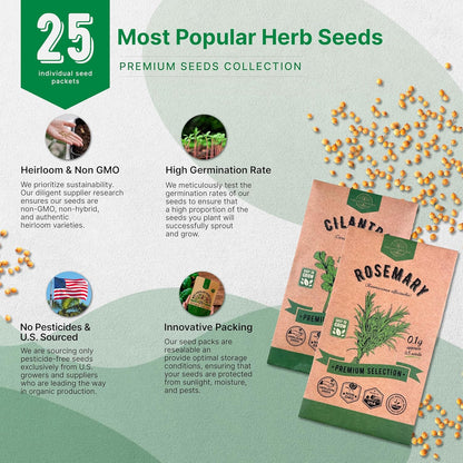 25 Most Popular Herb Seeds Variety Pack - 11,700 Non-GMO Heirloom Seeds for Planting Herbs in