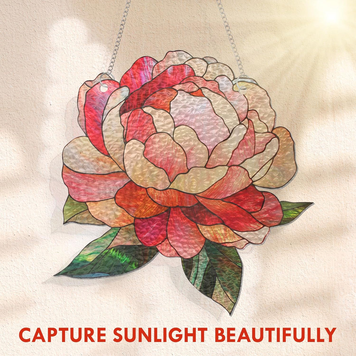 FLAGWIX Christmas Peony Flowers Gifts for Grandma - Stained Glass Window Hanging 10 in - Birthday