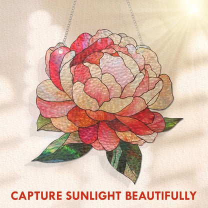 FLAGWIX Christmas Peony Flowers Gifts for Grandma - Stained Glass Window Hanging 10 in - Birthday