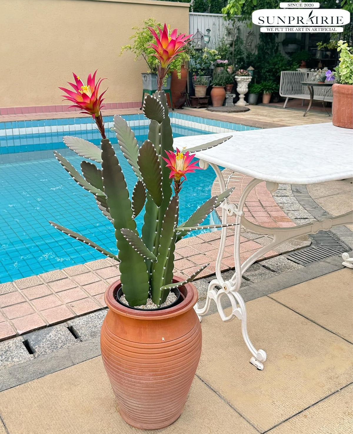 33 Inch Large Artificial Cactus with Magenta Flowers in Pot with Natural Gravel. Satin Finish