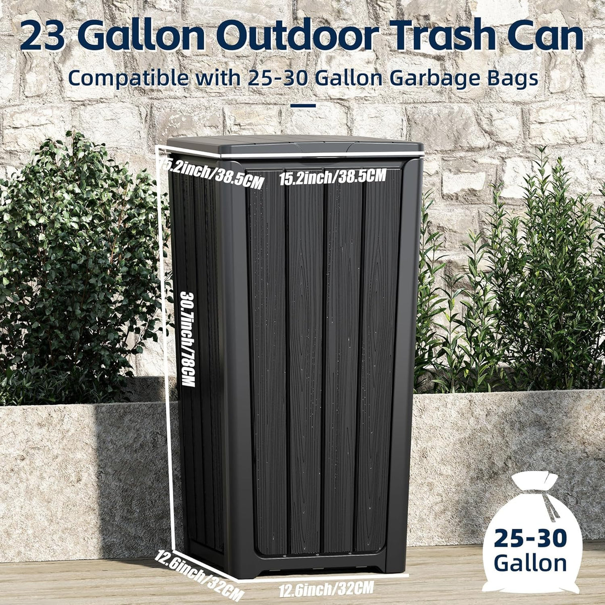 Outdoor Trash Can 23 Gallon Garbage Can with Lid Waterproof Resin Garbage Patio Waste Bin for