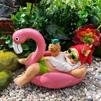 Mood Lab Garden Gnome on Flamingo - Funny Gnome Figurine - 8 Inch Depth Lawn Statue - for Outdoor