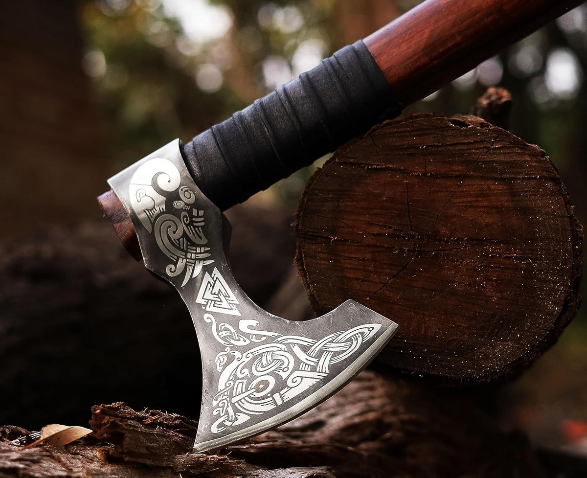 Viking Axe | 18" Carbon Steel Throwing Hatchet with Ash Wood Handle & Leather Sheath | Etched Norse