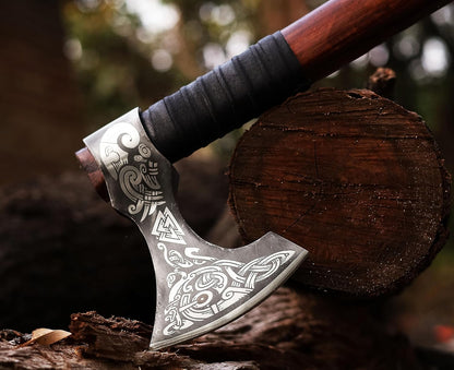 Viking Axe | 18" Carbon Steel Throwing Hatchet with Ash Wood Handle & Leather Sheath | Etched Norse