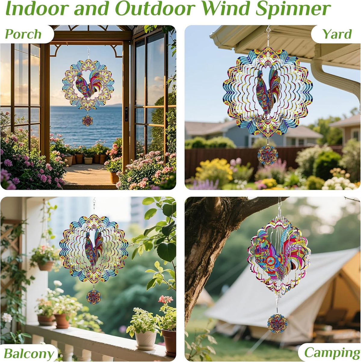 Wind Spinners Outdoor Hanging Rooster - Metal Chicken Gifts for Mom Women Grandma Men, 11.5 Inch 3D