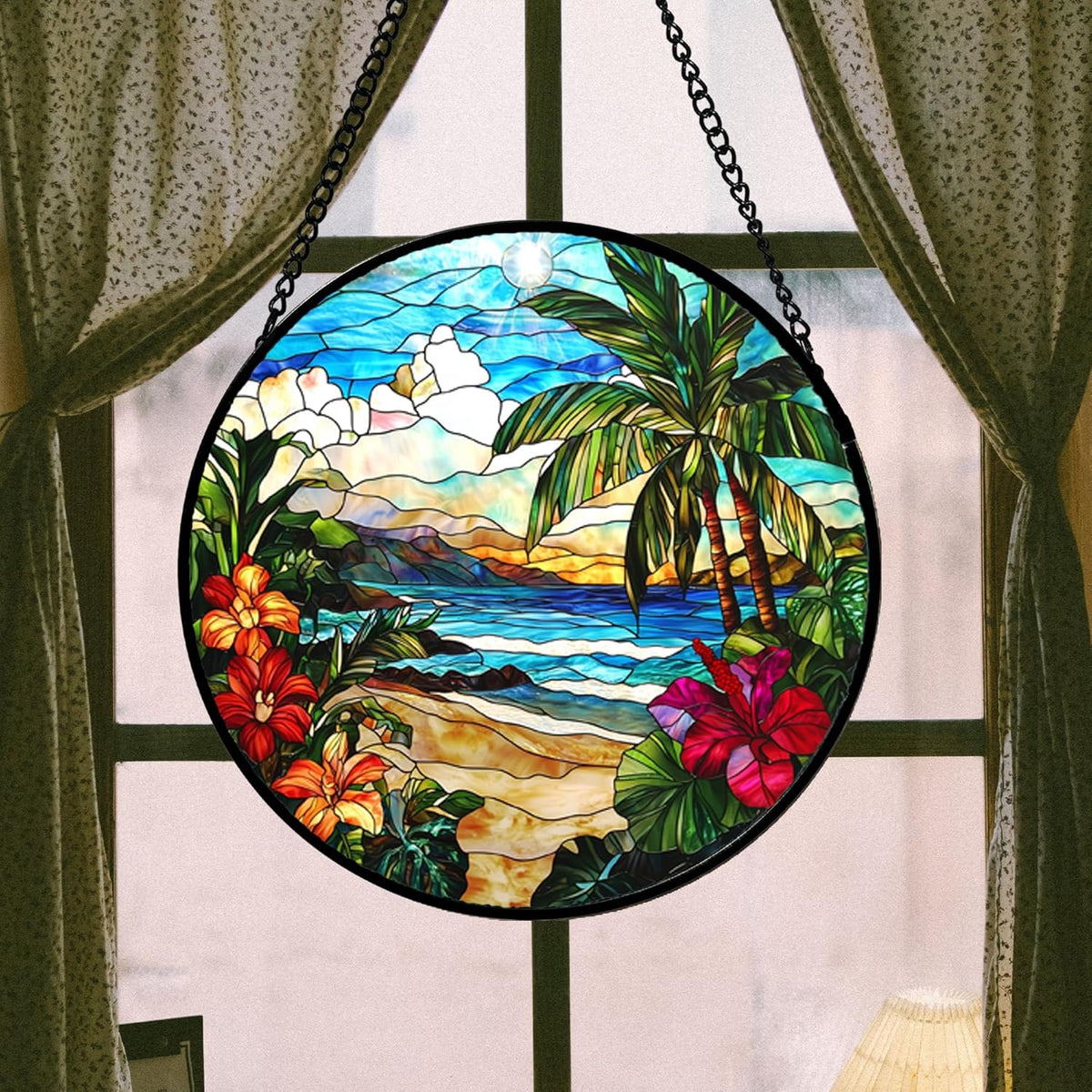 Stained Glass Window Hanging, Blue Beach Scenery Suncatcher Diamond Glass Panel Hangings Sun