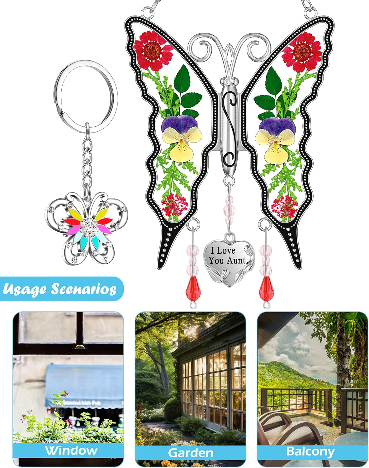 KY&BOSAM Gifts for Aunt Suncatcher Butterfly I Love You Aunt Gift Stained Glass Pressed Real Flower