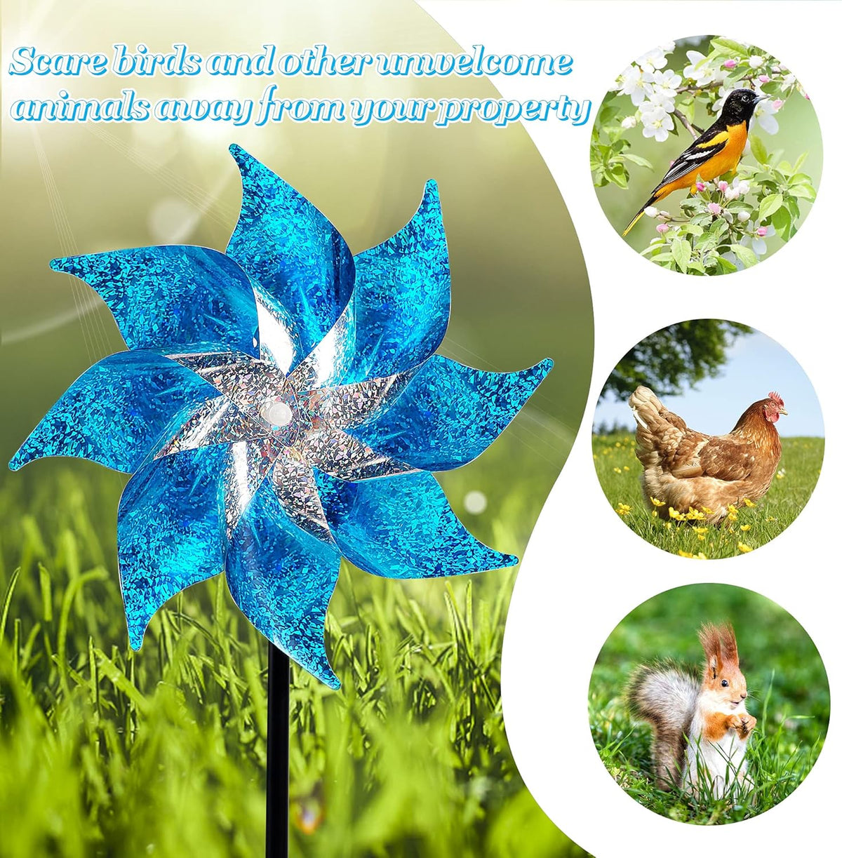 Hausse 10 Pack Reflective Pinwheels with Stakes, Extra Sparkly Pin Wheel for Garden Decor, Bird