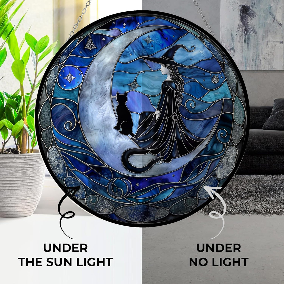 Spooky Witch Stained Glass Window Hanging Window Suncatcher 12" Glass Panel with Metal Chain and