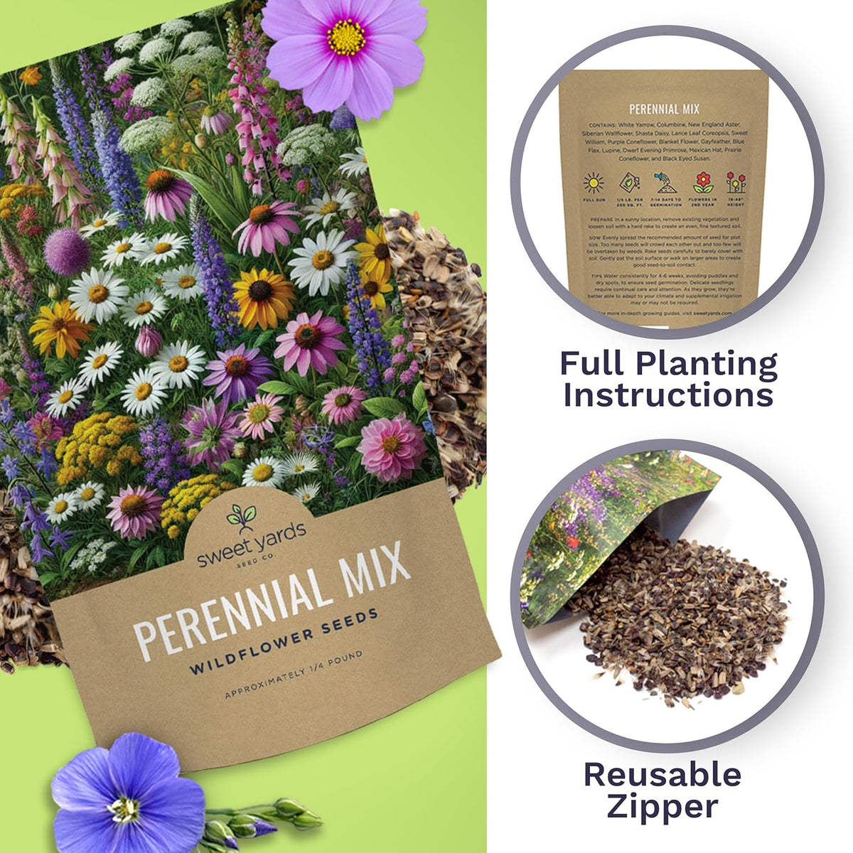 Perennial Wildflower Seeds Mixture - Bulk 1/4 Pound Bag - Over 60,000 Pure Live Seed - Open