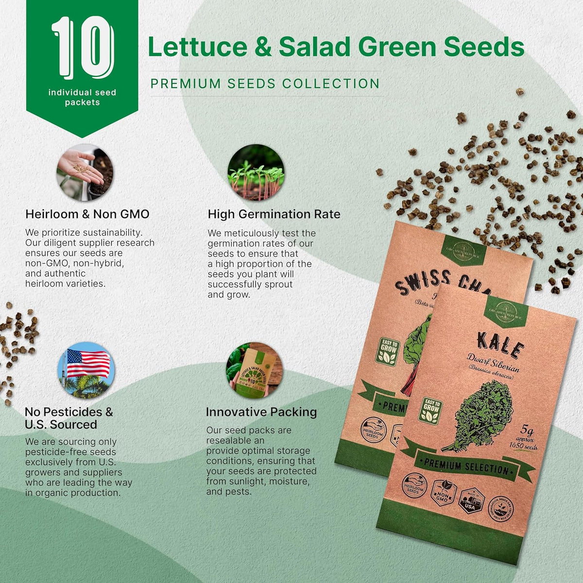 Organo Republic 10 Lettuce & Salad Greens Seeds Variety Pack 13000+ Non-GMO Heirloom Lettuce Seeds