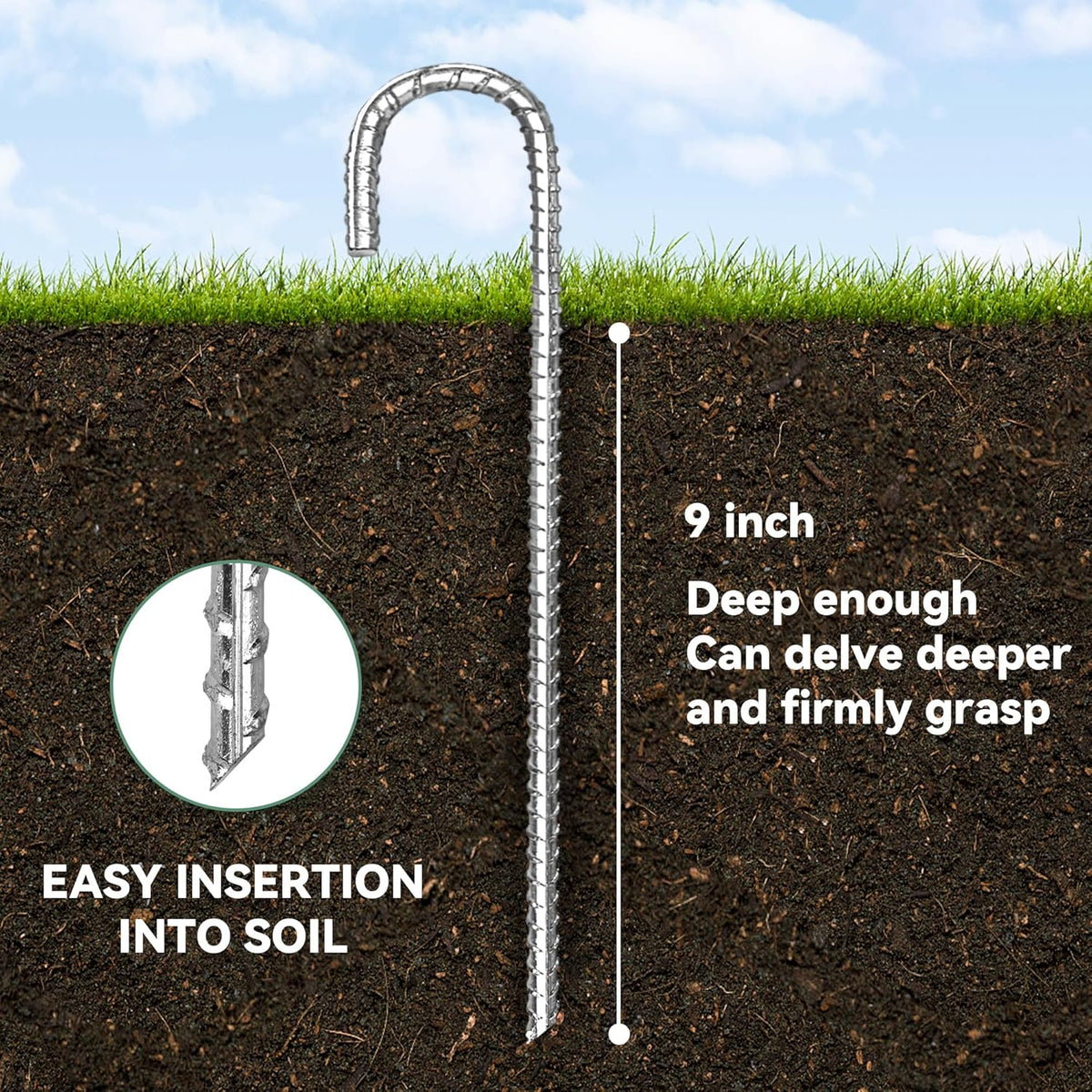 12 Pack 12 Inch Rebar Stakes Heavy Duty J Hook Ground Anchors, Anti Rust Metal Steel Tent Stakes