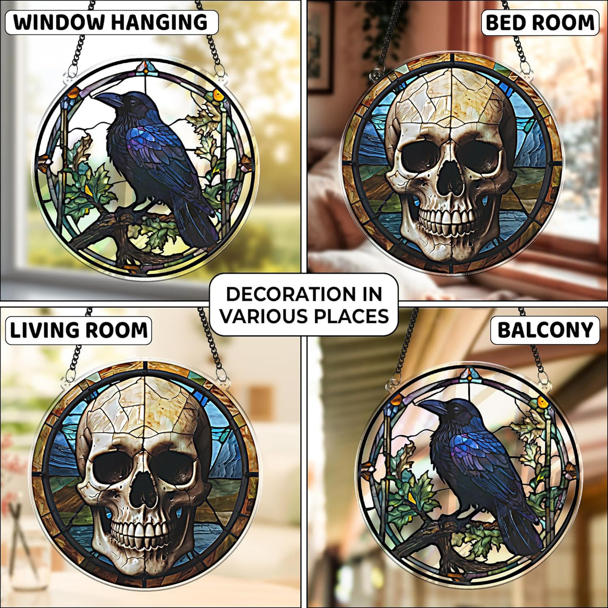2 Halloween Raven Skull Acrylic for Window Hanging, Art Gothic Decor for Home, Indoor, Garden