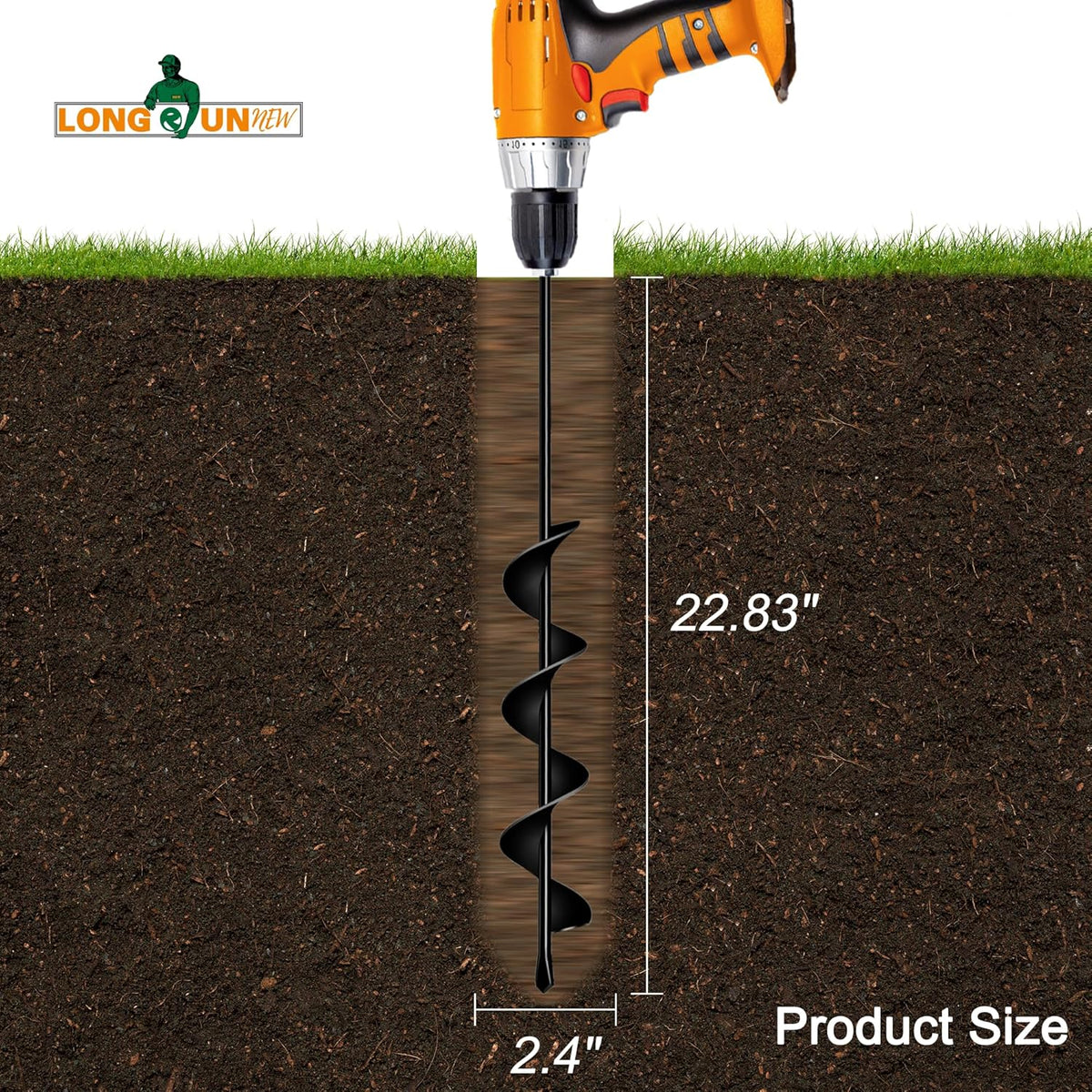 Auger Drill Bit for Planting 2.4"(D) x22.84(L), Garden Ground Earth Spiral Drill Bit for 3/8" Hex