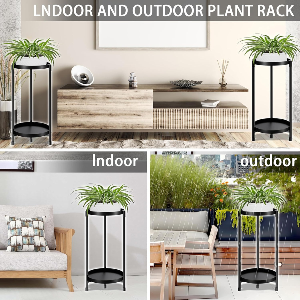 Plant Stand indoor outdoor - 2 Tier black Tall Metal Flower Pot Holder Potted Display Rack - Heavy