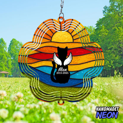 Personalized Cat Memorial Wind Spinner Metal Outdoor Art, Custom Rainbow Angel Wings 3D Kinetic