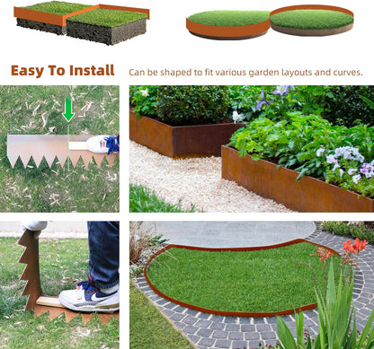 Solution4Patio 8-Pack Corten Steel Garden Landscape Edging with 9X Clips, 10" H Hammer-in Heavy
